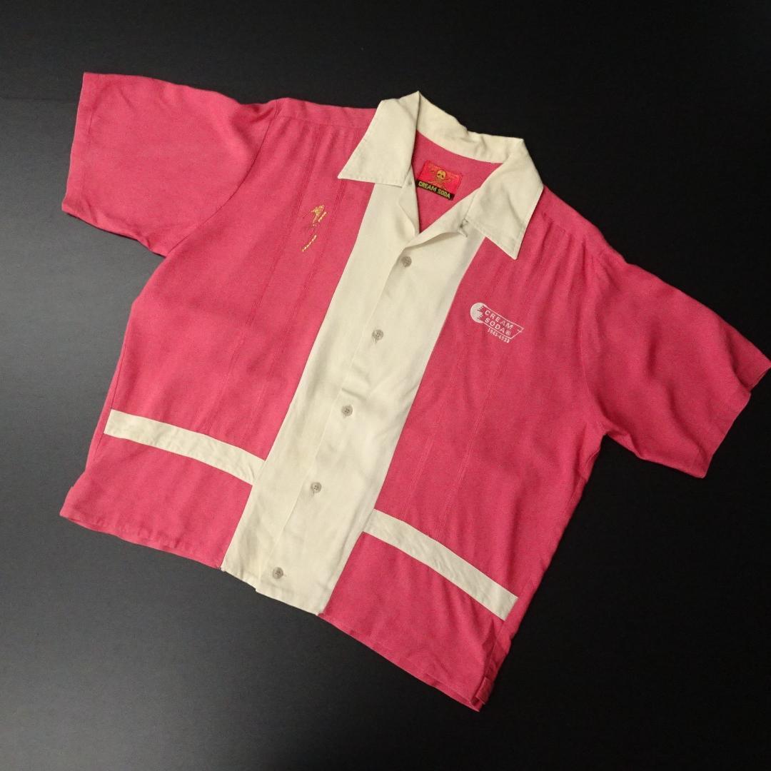 80s- CREAM SODA 半袖ボーリングシャツ 金タグ 刺繍 希少アイテム