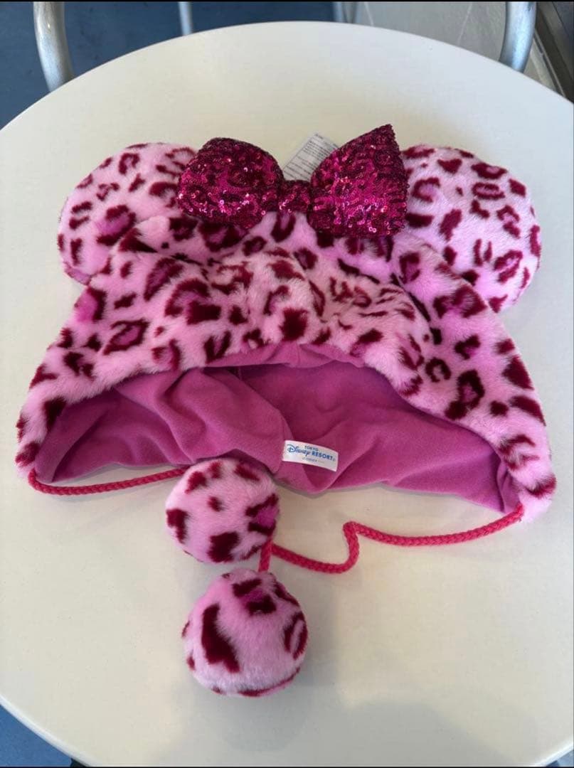 ミッキー耳付きピンクヒョウ柄帽子