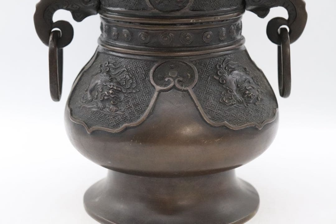 唐銅　大日本文政年整珉鋳　象耳獅子彫　花器　4.4kg 送料込み0131