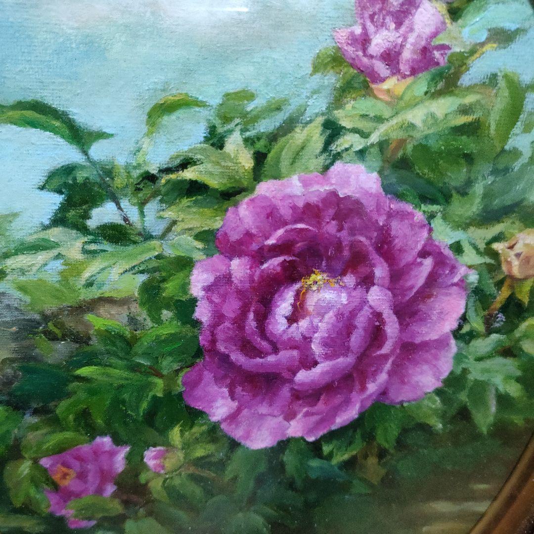 真作油絵 一水会準会員 豊田満春「牡丹」F3号 豪華額装 華やかで品格のある一品