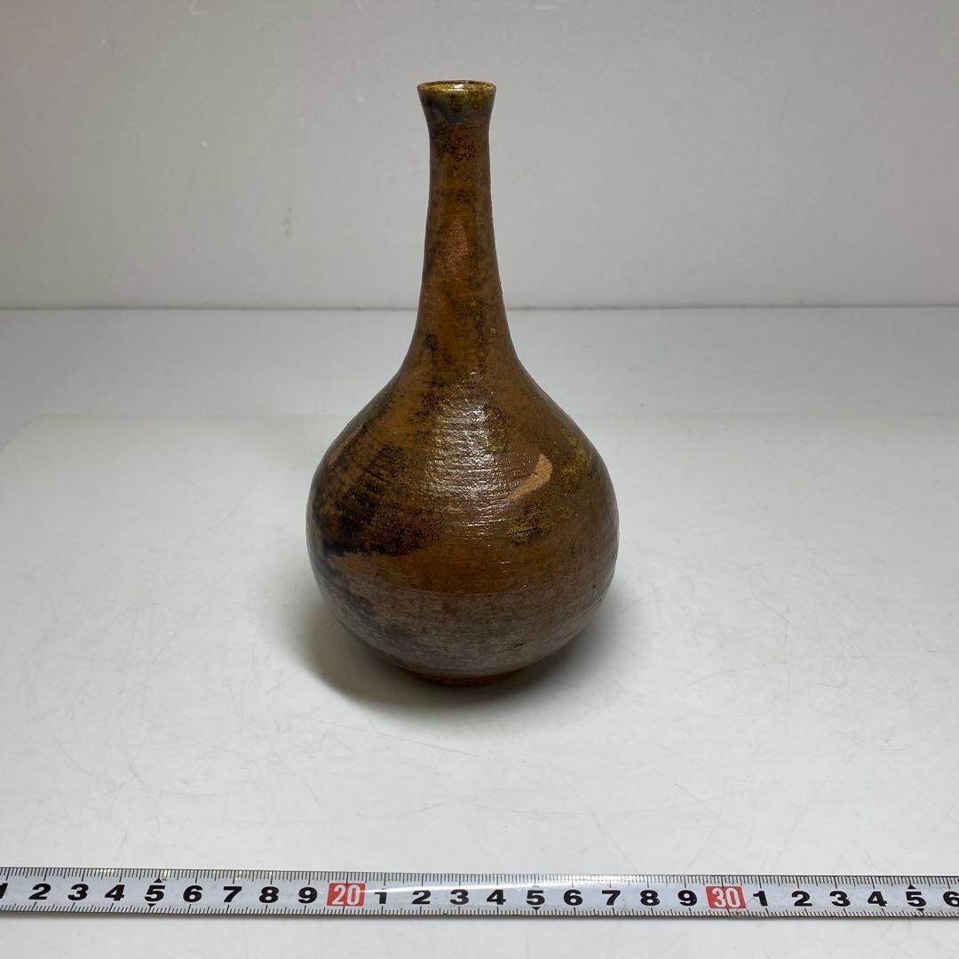 人間国宝 松井康成作 灰釉鶴首花生 共箱 高さ約19cm タトニ