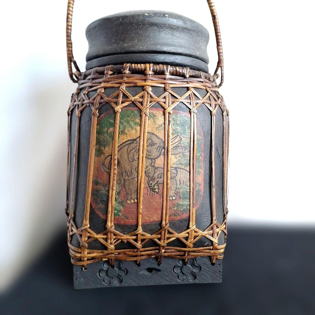 希少 タイ ラオス 伝統工芸品 もち米入れ 手描き 象 親子 ラタン編み 骨董