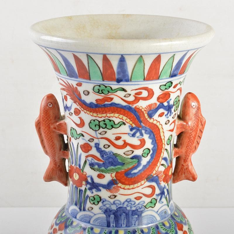 中国　大明萬暦年製款　赤絵　雲龍花文　双魚耳瓶　時代箱付　M　R7343