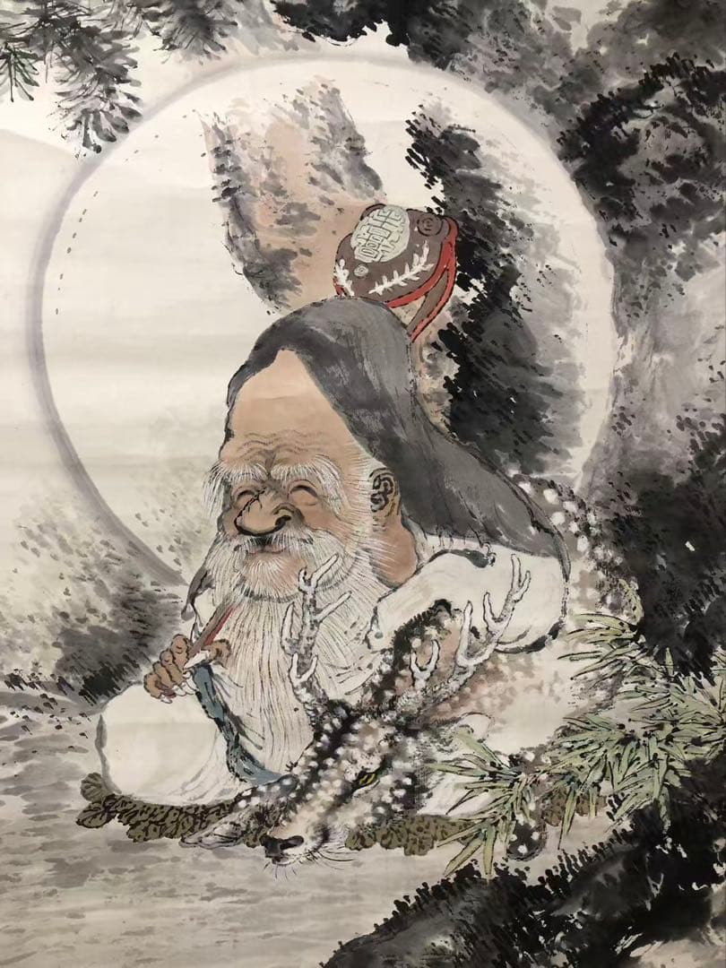 掛け軸　倉田松涛［福禄寿］人物 紙本　堆朱軸先！33