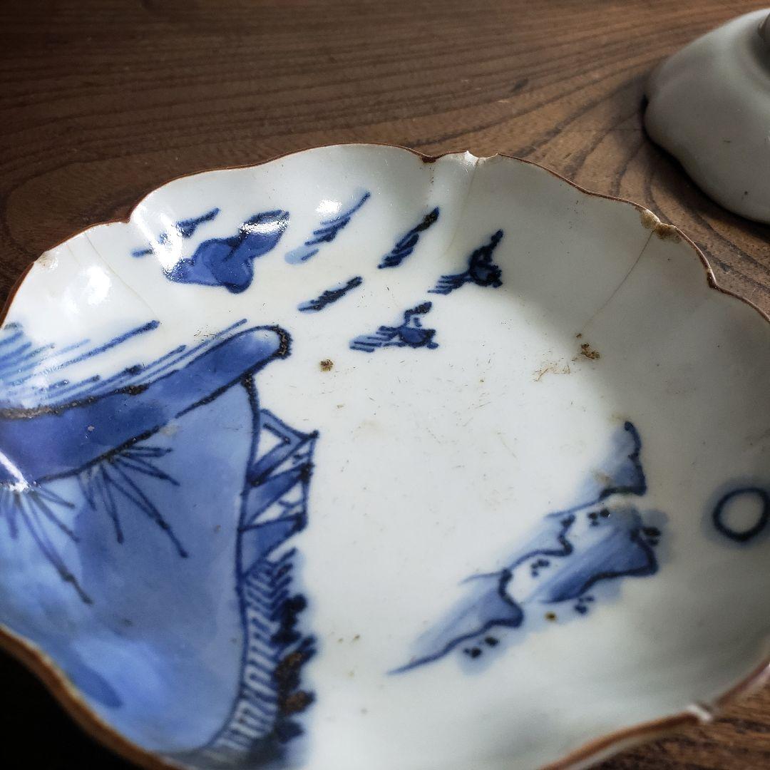 小皿　古伊万里　江戸　山水　遠景　船 民家　訳あり