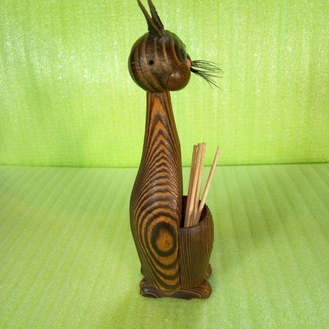 木製　猫型爪楊枝入れ　つまようじ立て　フィギュア　オブジェ　レア　希少