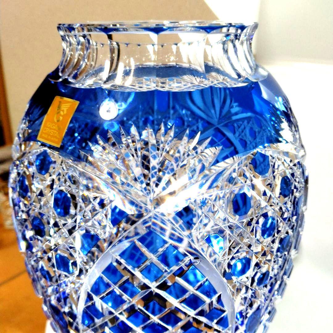 新品未使用カガミクリスタル江戸切子笹っ葉八角籠目文花瓶花器フラワーベース薩摩切子