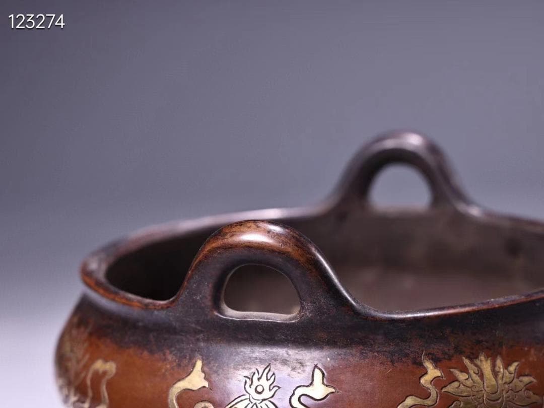 珍品旧蔵収純銅高レリーフ錾刻鎏金吉祥八宝香炉·老紅木箱付き・文房具·置物·稀少品