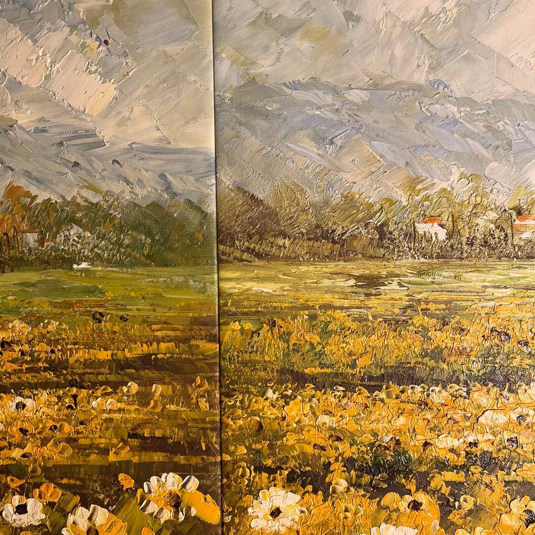 ★大型絵画★ 手書き油絵 ３枚組 朝日と山河 額付 額付き 絵画 油彩画