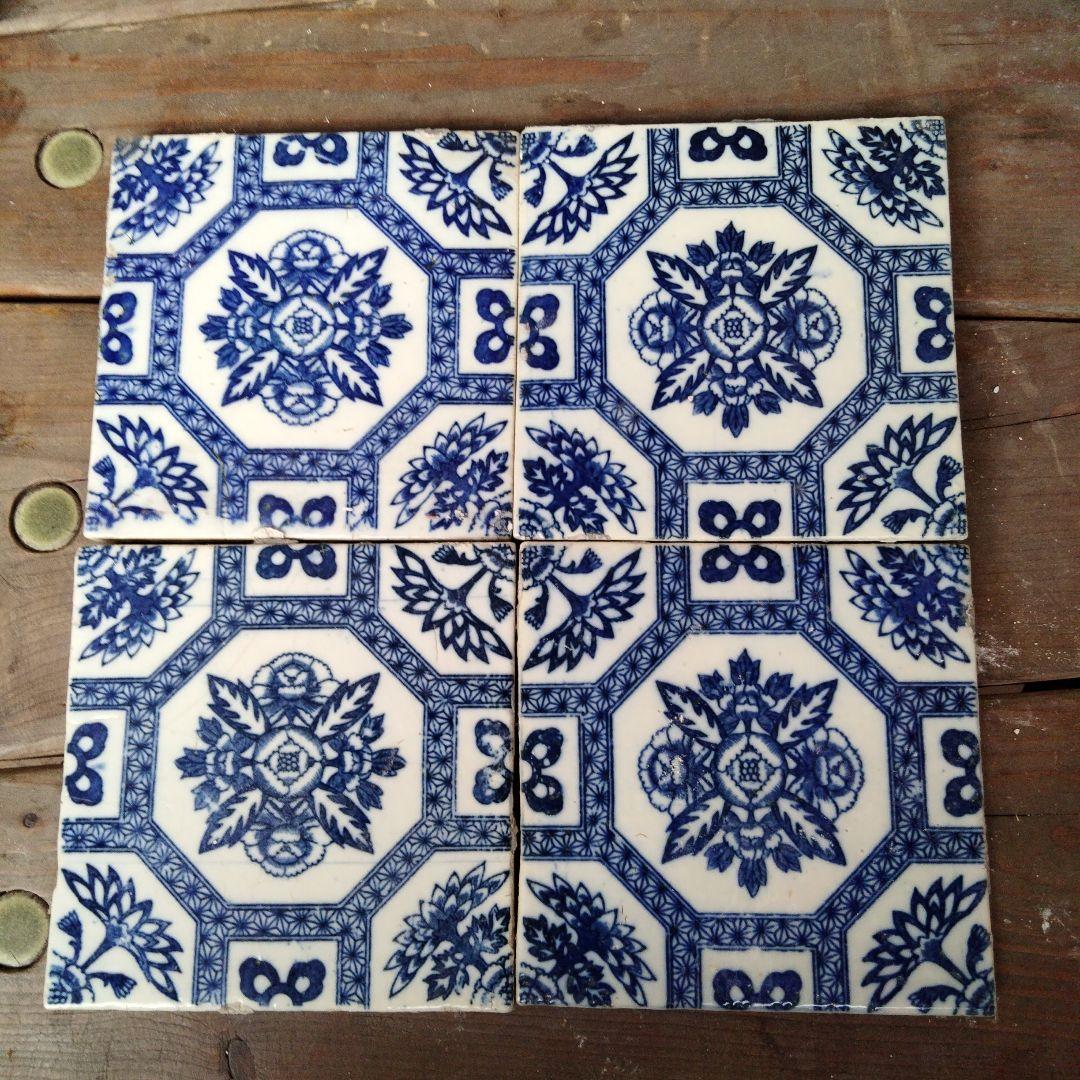 大正昭和時代　青白花柄アンティークタイル　4枚セット
