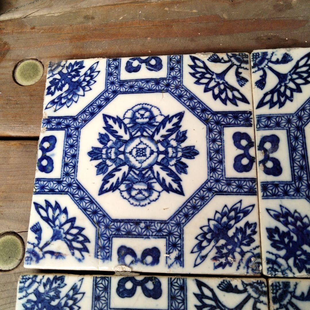 大正昭和時代　青白花柄アンティークタイル　4枚セット