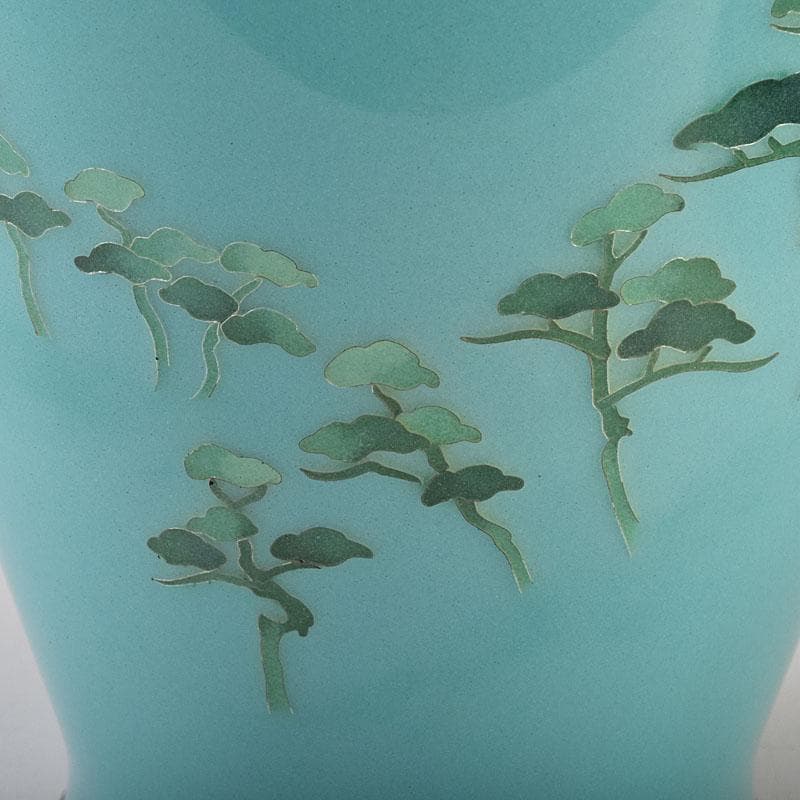 七宝焼　青釉　富士松文　花瓶　唐木台付　共箱　M　R9509