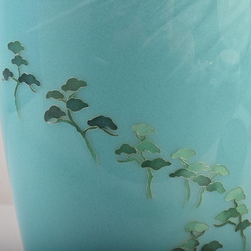 七宝焼　青釉　富士松文　花瓶　唐木台付　共箱　M　R9509