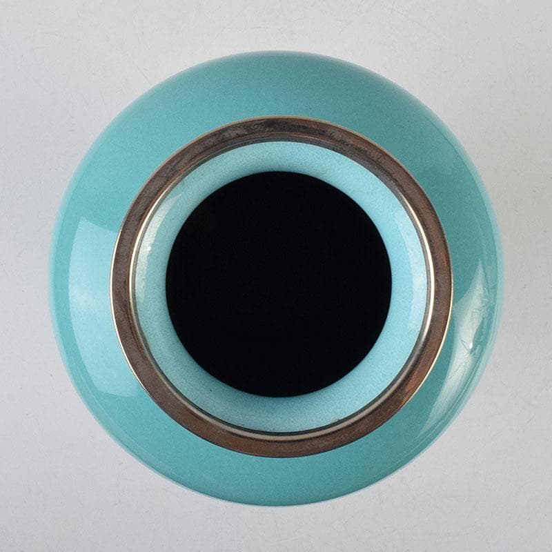 七宝焼　青釉　富士松文　花瓶　唐木台付　共箱　M　R9509