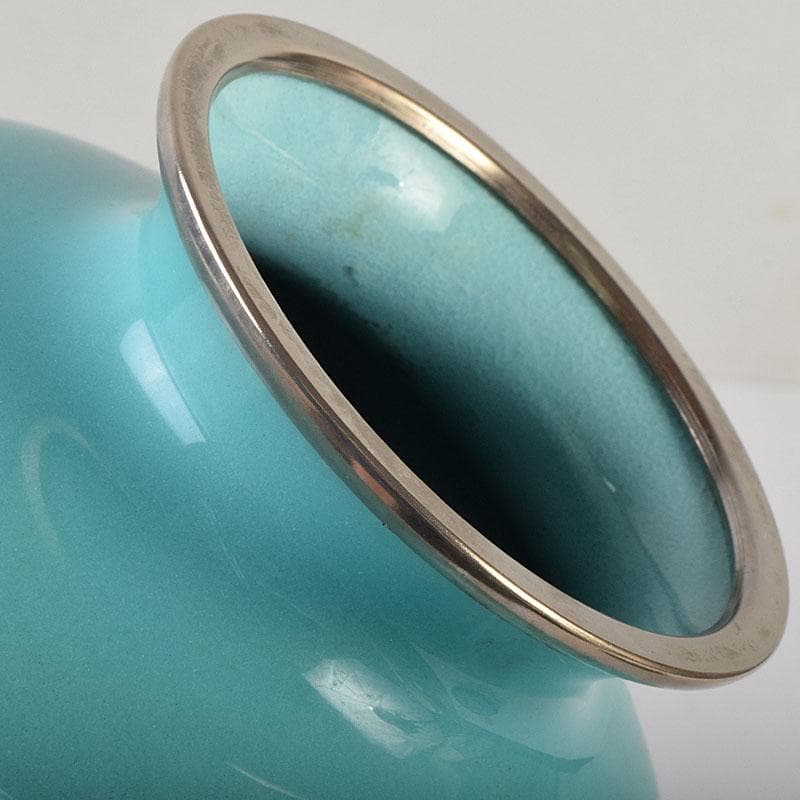 七宝焼　青釉　富士松文　花瓶　唐木台付　共箱　M　R9509