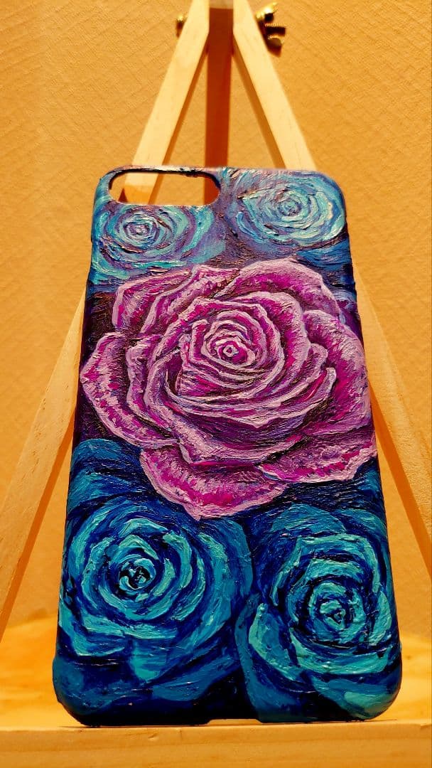油絵  スマホケース【青と紫薔薇】iPhone8Plus/iPhone7Plus