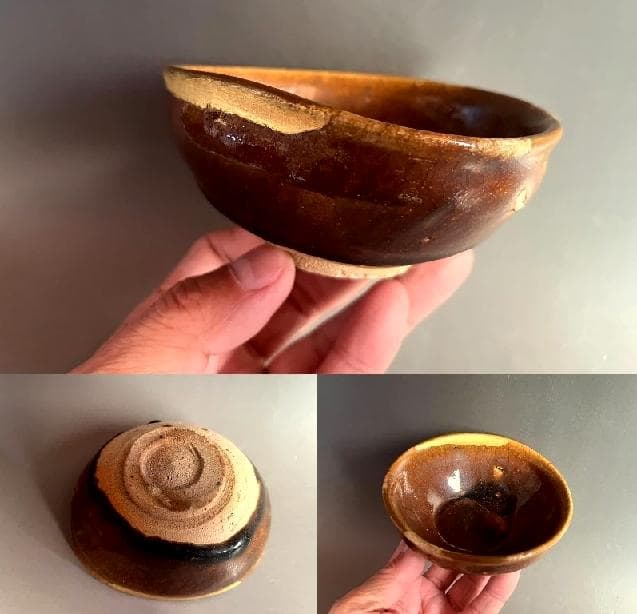 酒器■古瀬戸飴釉小碗 古鉢 酒杯 ぐい呑み 金継ぎ直し有 涙痕 時代物 骨董品■
