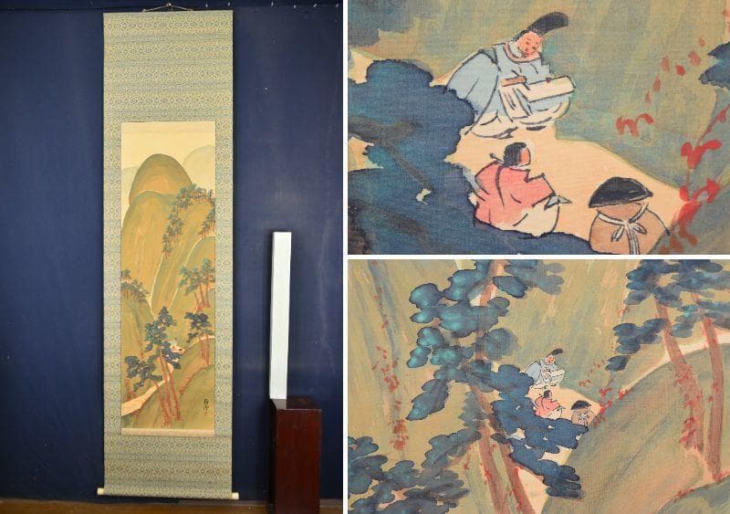 【真作】静雪/山水人物図/掛軸/名家伝来/AA-898