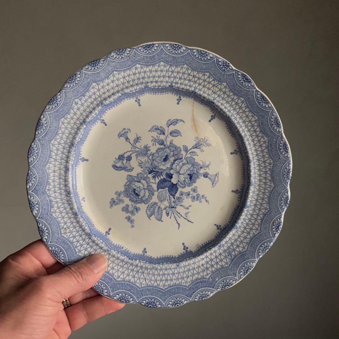 銅板転写 かわいらしい花柄 輪花 プレート 中皿 リム皿 古道具 アンティーク