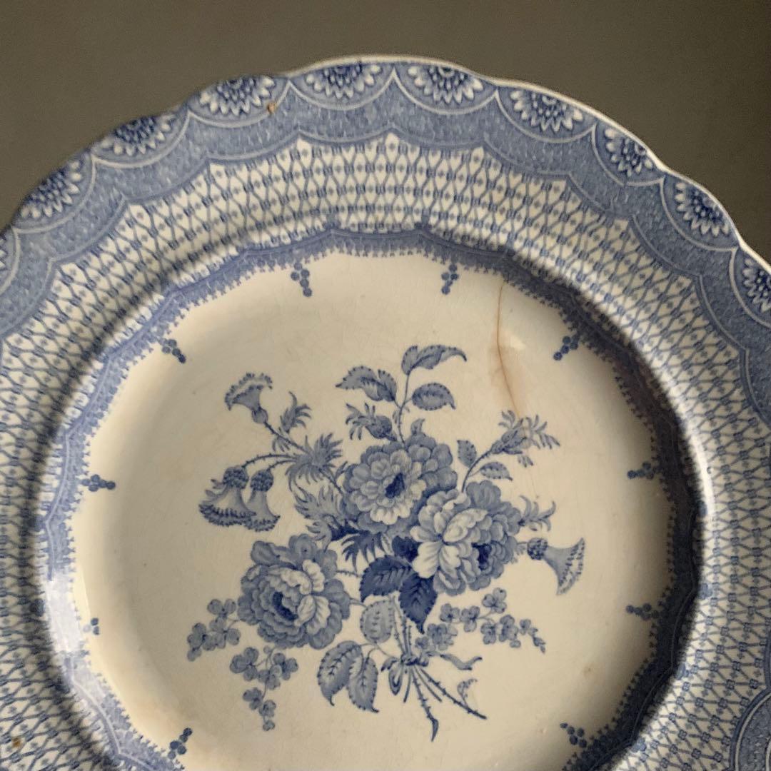 銅板転写 かわいらしい花柄 輪花 プレート 中皿 リム皿 古道具 アンティーク