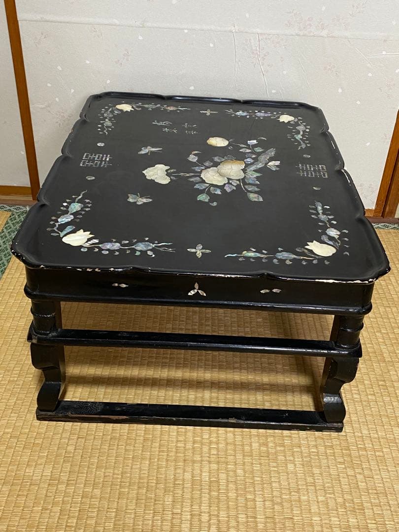 ♦中国清時代 花 蝶 柘榴 富貴 吉祥文 螺鈿細工 輪花 四方足 花台 骨董品