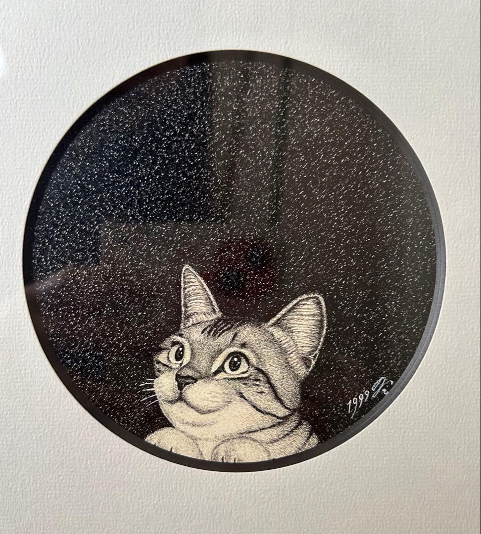 與倉豪　細密ペン画　猫