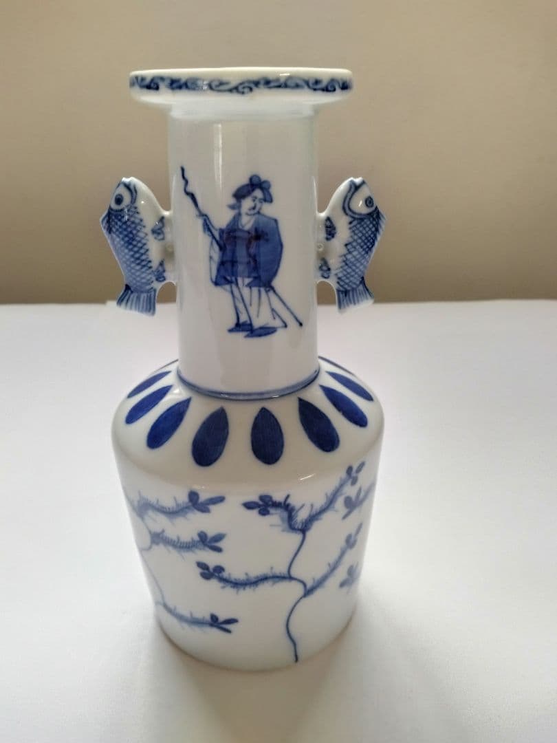 九谷　陶源製　高砂花入　染付鯉耳　華入