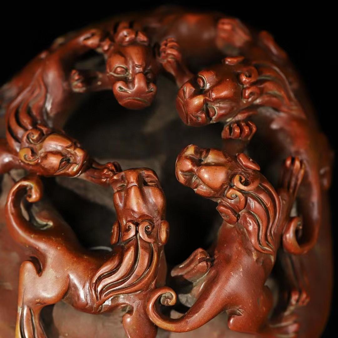 中国古美術・旧蔵螭虎龍钮随形の印鑑・寿山石朱砂红原石彫り・書道・文房具・置物