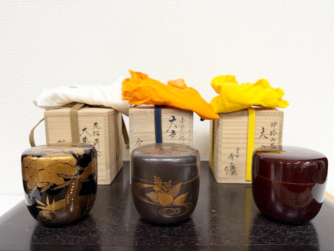 茶道具 棗 蒔絵 村田宗覚 宗利 大棗 内銀地 老松 セット売り