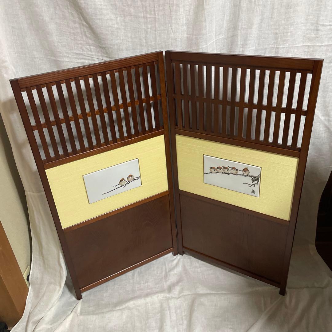高級衝立　天然木　二曲　雀　九谷焼　二曲九谷屏風