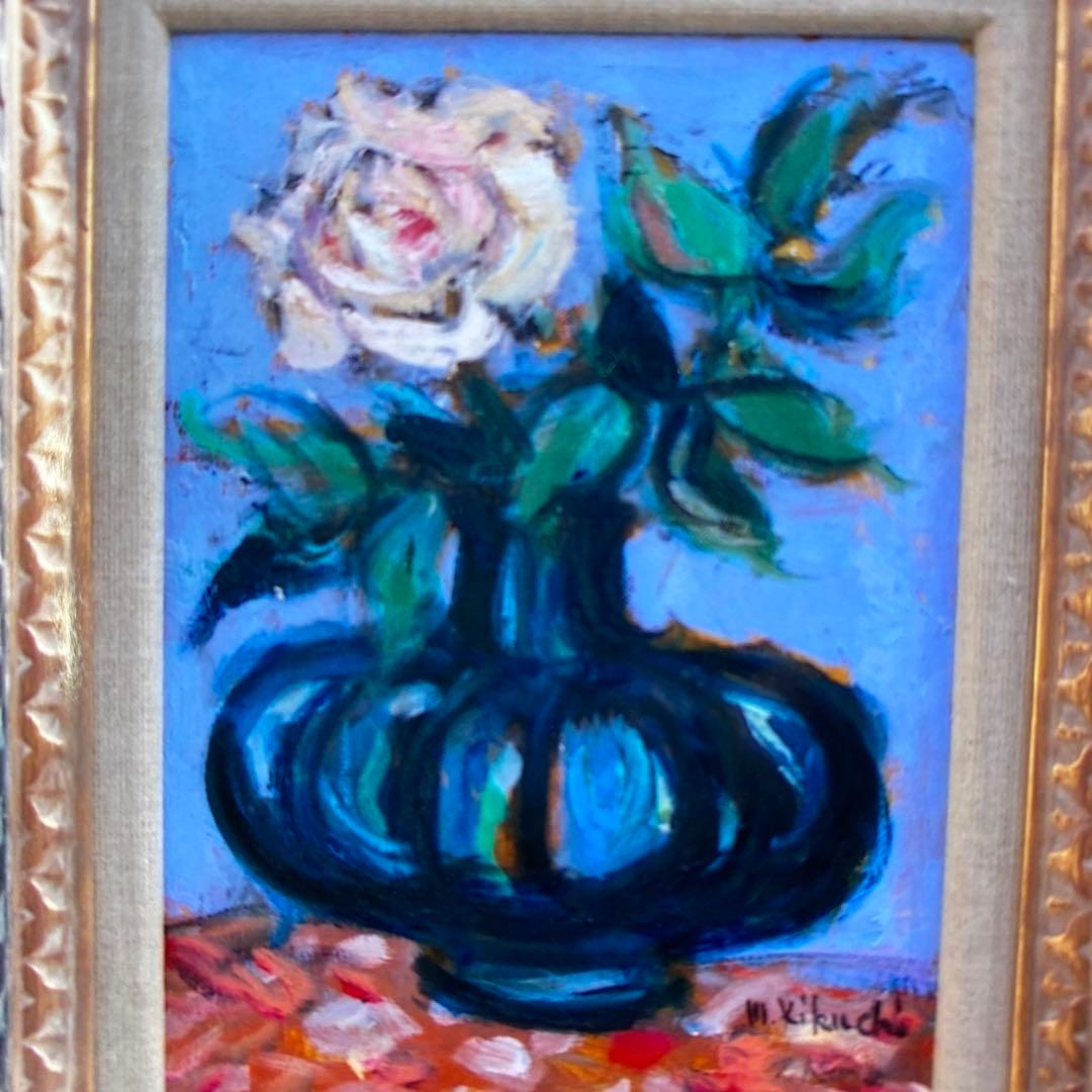 絵画　油絵　油彩画F4 「バラ一輪」額付き　美品　芸術　原画　手描き　サイン入り