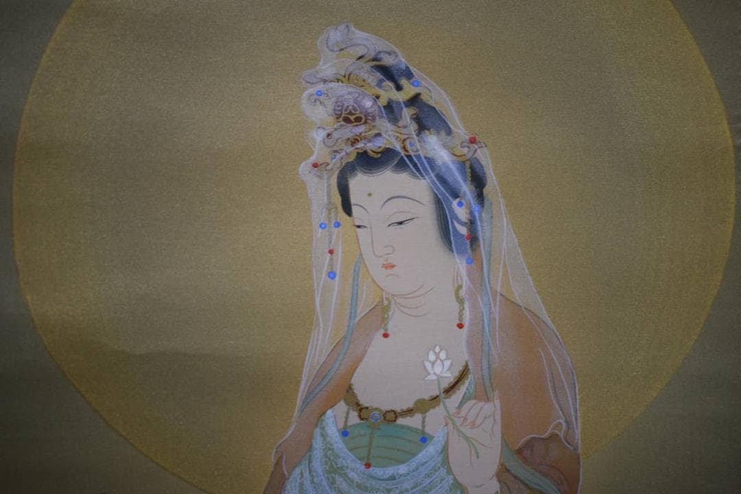 真作/國井道成/雲上観音図/漆共箱付/布袋屋掛軸HC-704