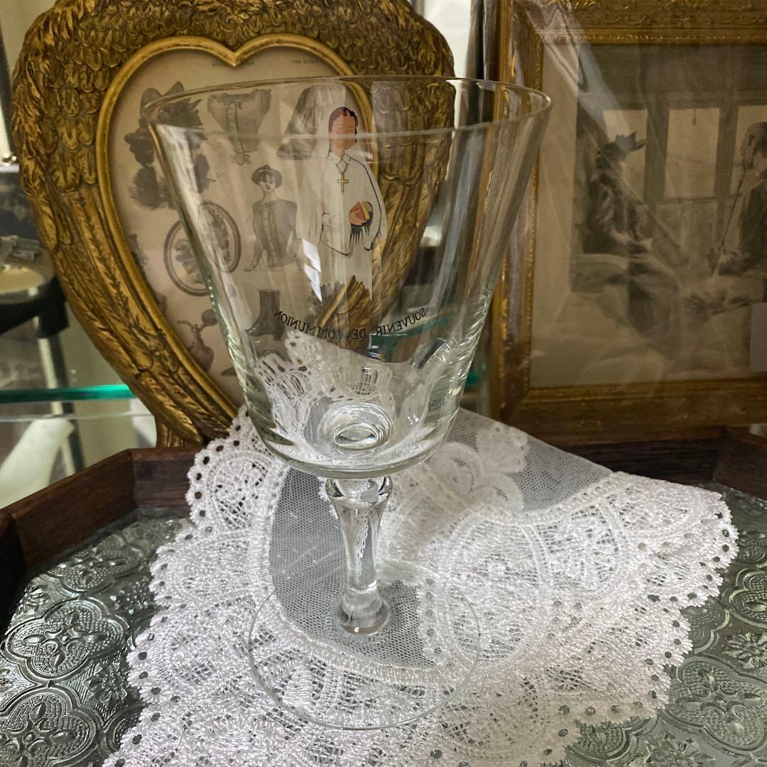フランス　アンティーク　コミュニオン　グラス　初聖体　キリスト　カトリックの聖杯