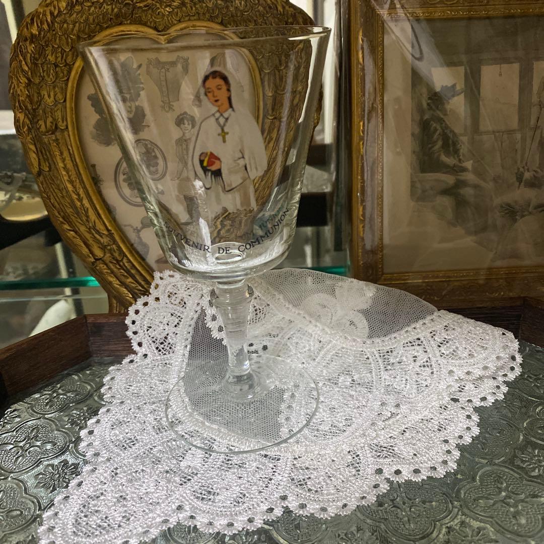 フランス　アンティーク　コミュニオン　グラス　初聖体　キリスト　カトリックの聖杯