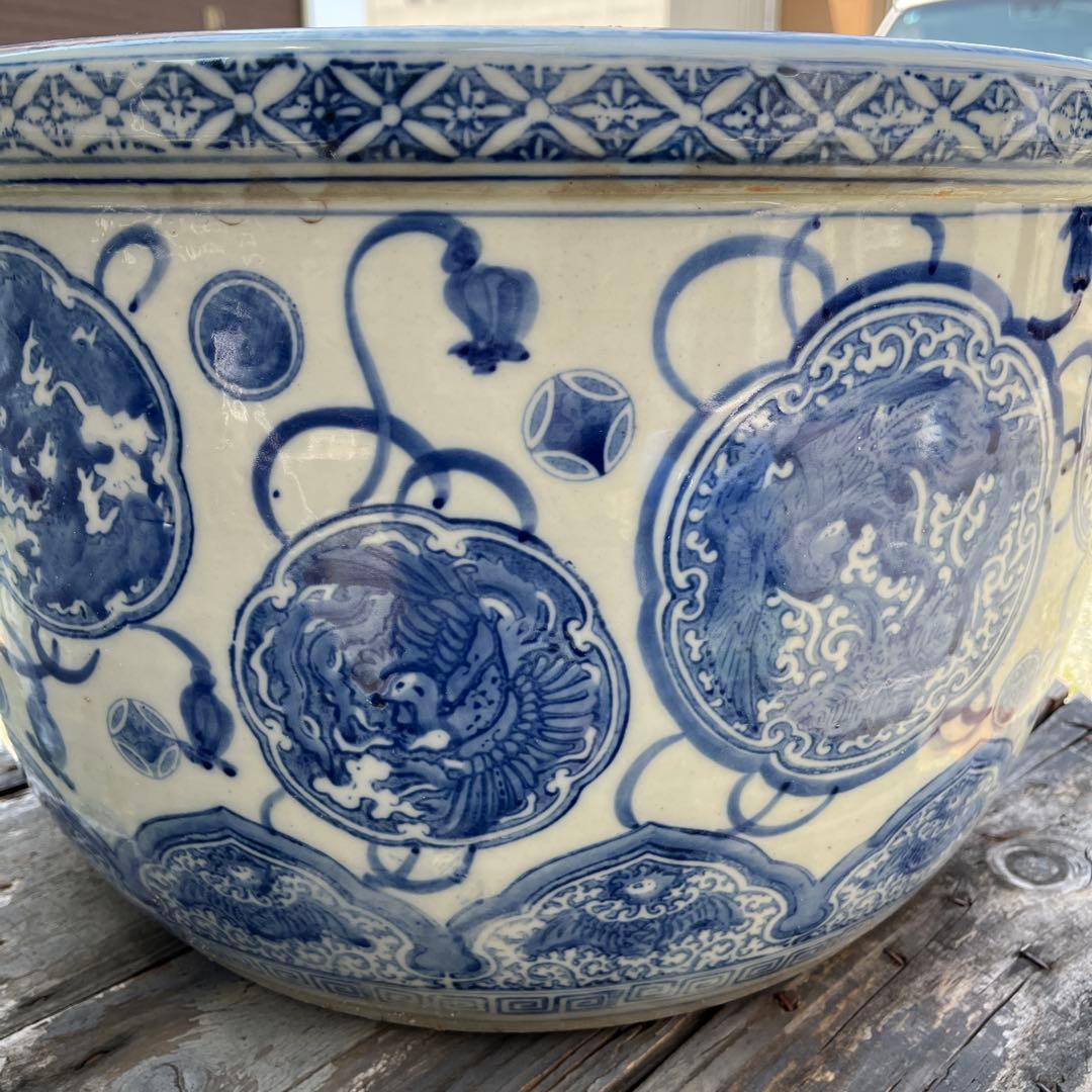 骨董 火鉢 大型 染付 睡蓮鉢 金魚 メダカ テーブル 鉢カバー 古民具 陶器