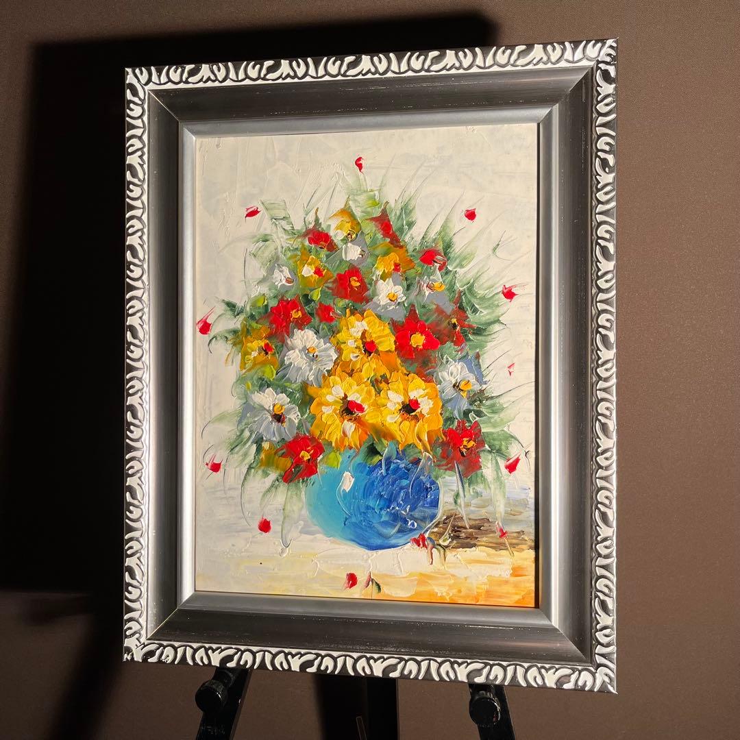 手書き油絵 花瓶の花 額付 絵画 インテリア 油彩画