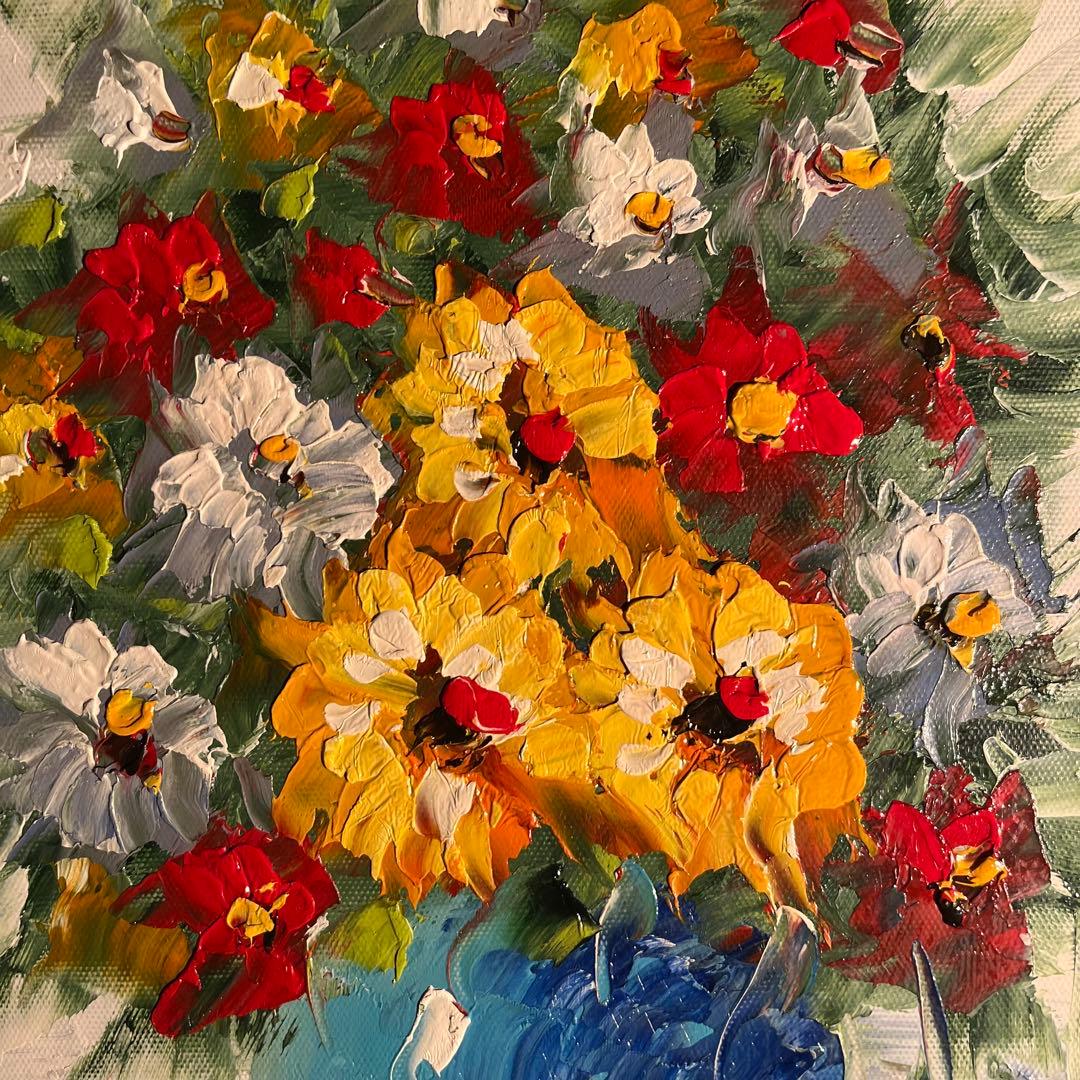 手書き油絵 花瓶の花 額付 絵画 インテリア 油彩画