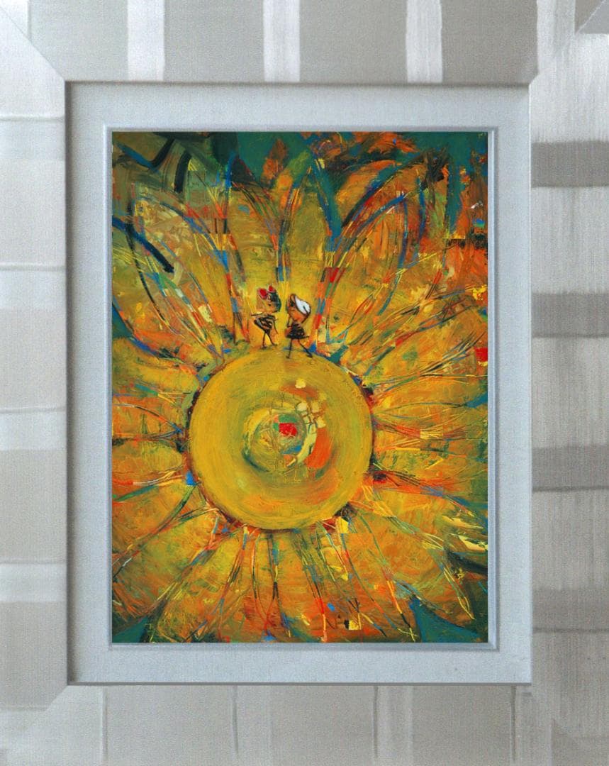 油絵 菅家令子 絵 絵画インテリア額付(黒) F4-051120 女の子ひまわり