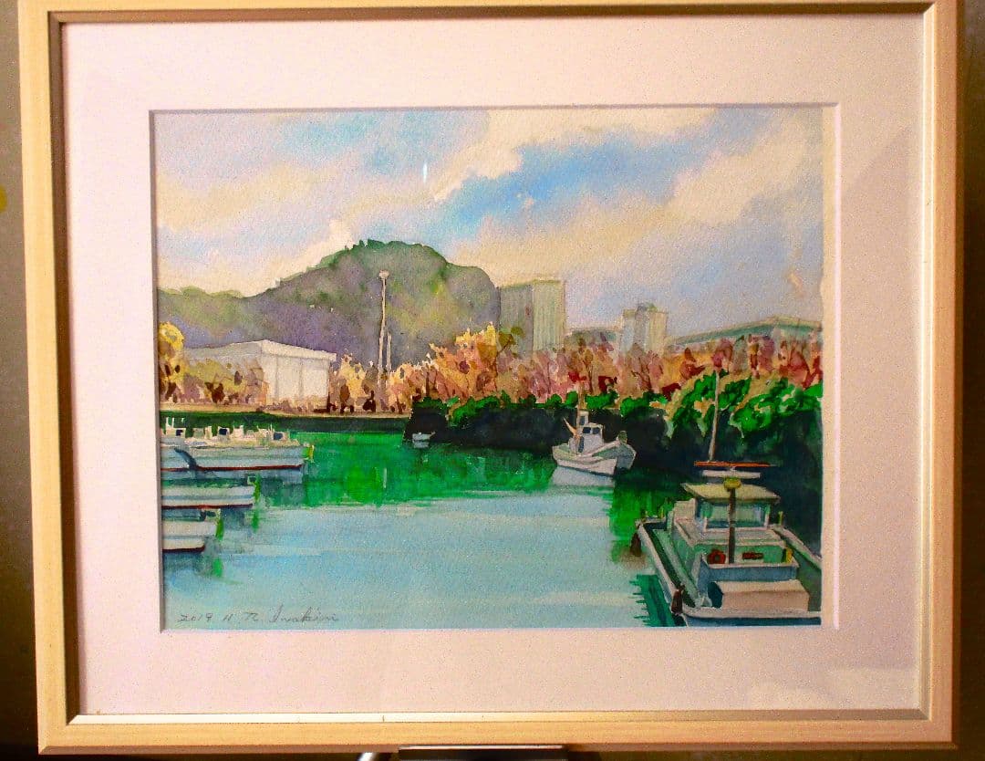河港の風景 水彩画 額装済み F6サイズ