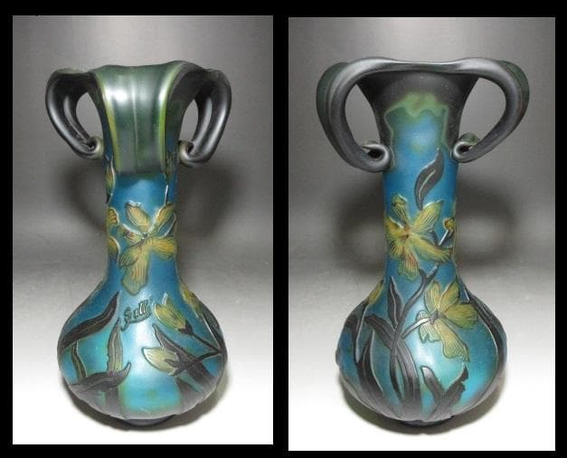 欧州 EmileGalle エミール・ガレ ガラス花瓶／クレマチス図／木箱入り