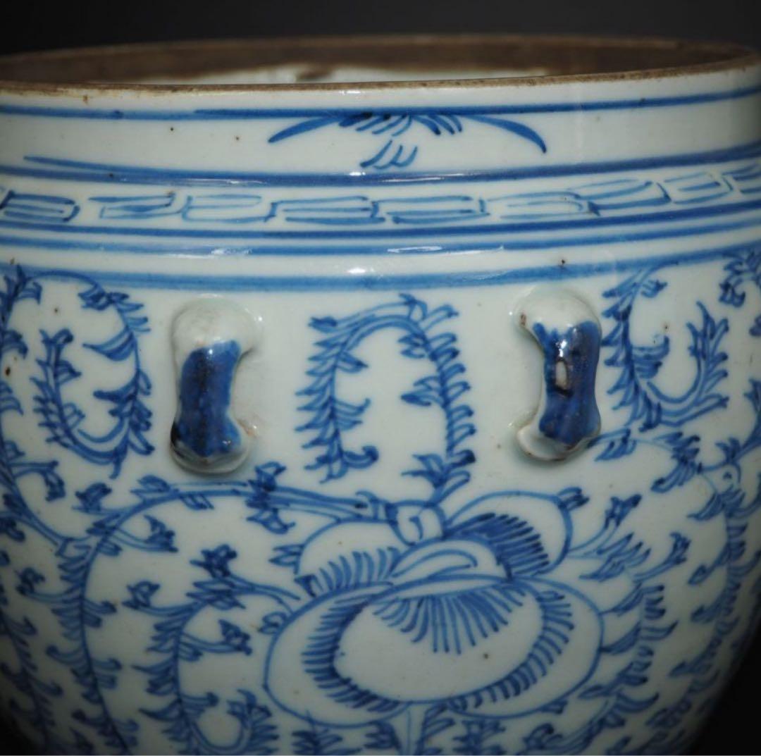 送料無料　清時代嘉慶道光青花罐/水指　本物保証　『喜』無し　耳あり　希少造形