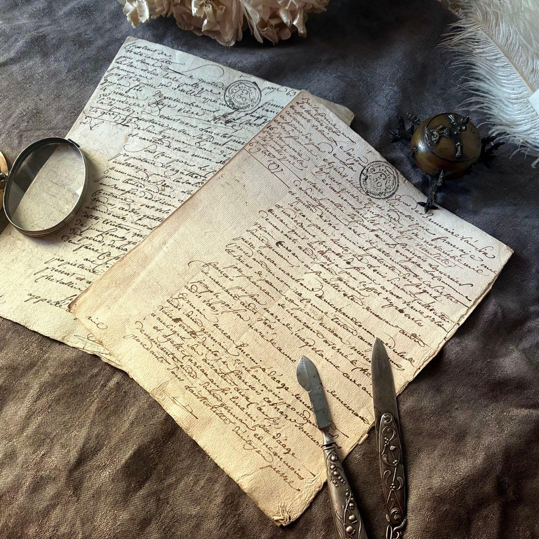 フランス革命時のマニュスクリ2枚セット　18世紀古文書紙物　フランスアンティーク