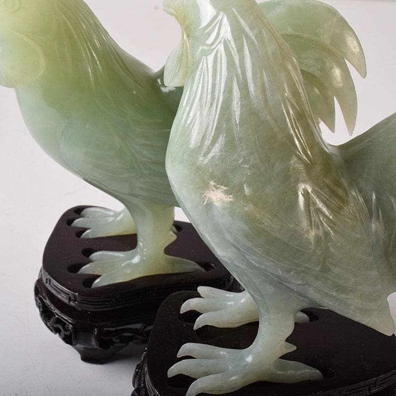 中国　玉石彫刻　鶏　鳥　一対　置物　香炉　唐木台付　C　7651C