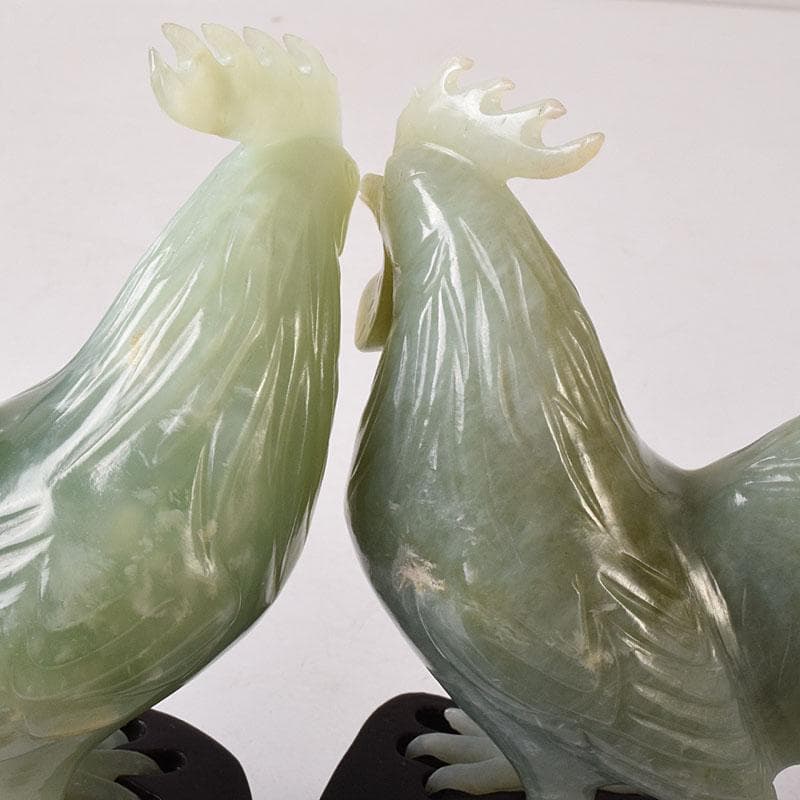 中国　玉石彫刻　鶏　鳥　一対　置物　香炉　唐木台付　C　7651C