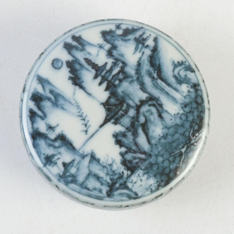 茶道具　京焼　高橋道八造　染付　山水文　香合　紫野　小田雪窓極め箱　V　9733
