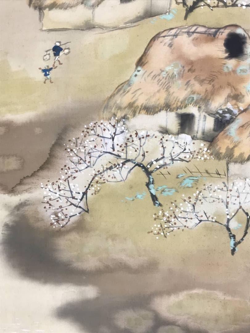 【真作】麦翠/池畔田家之図/山水図/人物図/掛軸/名家伝来/AC-70