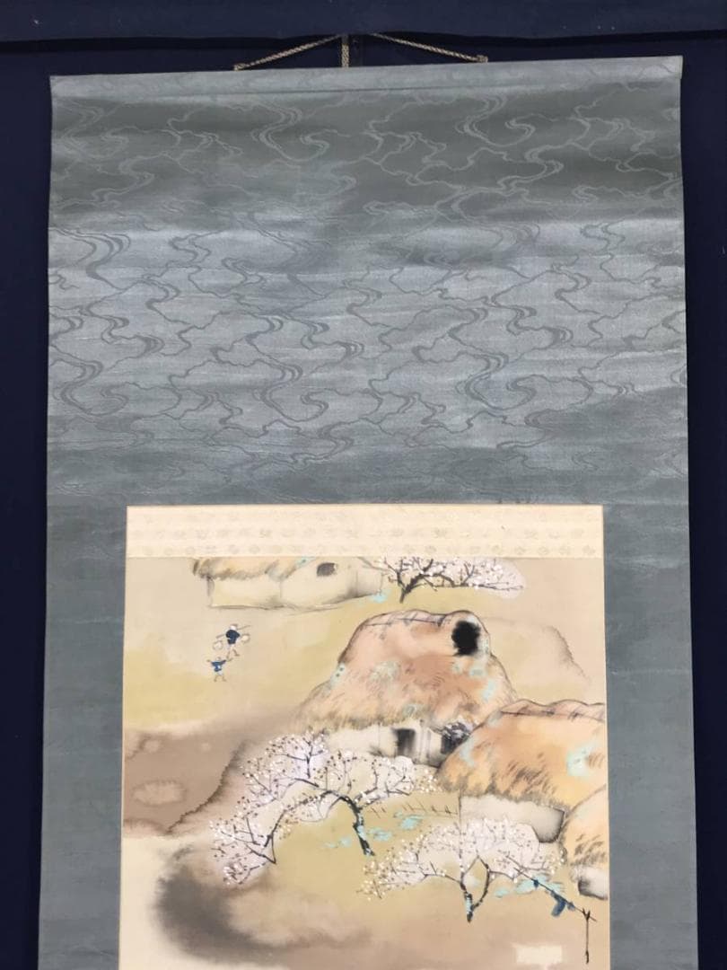 【真作】麦翠/池畔田家之図/山水図/人物図/掛軸/名家伝来/AC-70