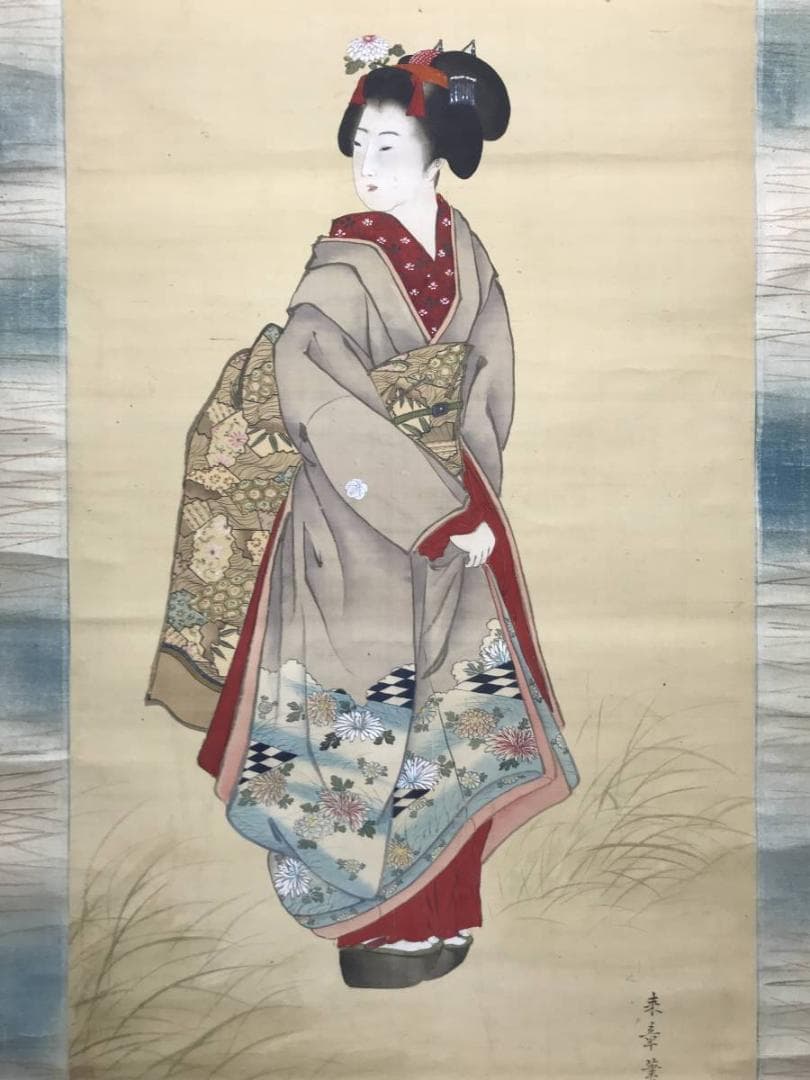 【真作】中島来章/美人画/美人図/掛軸/名家伝来/AC-395