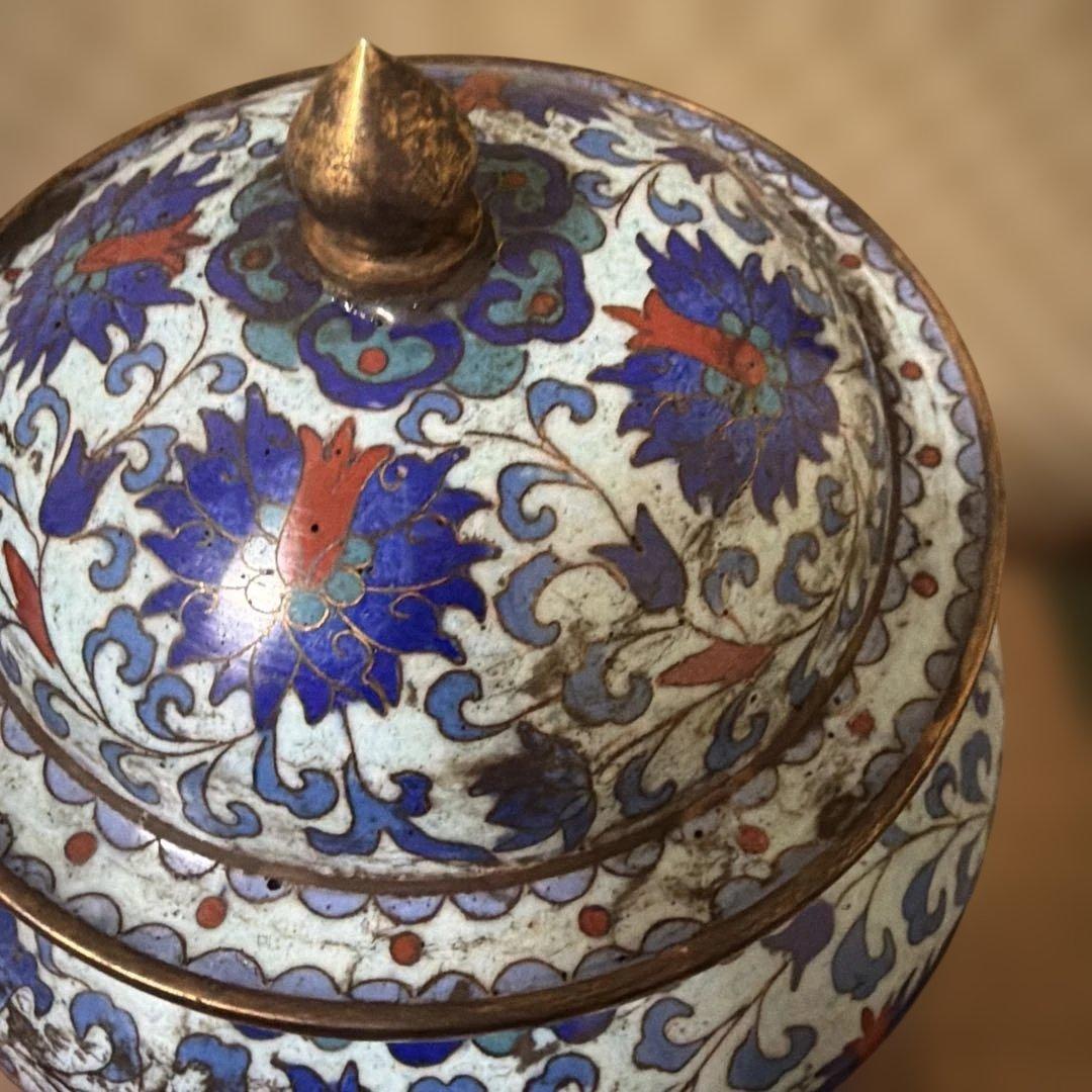 中国古美術　骨董品　七宝焼　蓋付き壺一対　保管箱