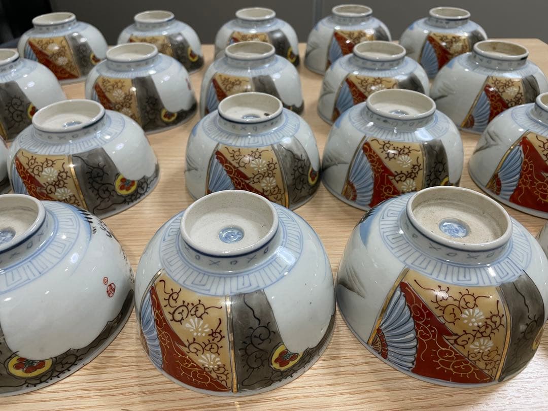 古伊万里 富貴長春 色絵金彩 富士 雪柄 小鉢 蓋付き椀 茶碗 レトロ 20客